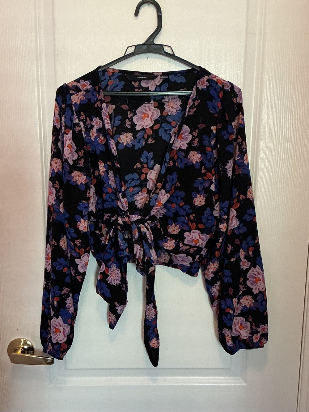 Vero Moda Black Floral Tie-Front Blouse with Pink & Blue Blooms